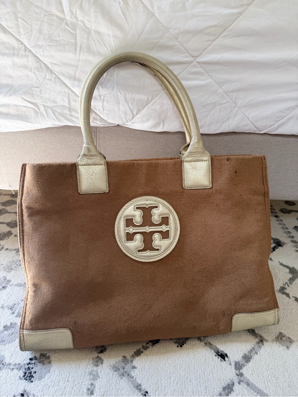 TORY BURCH Ella Brown Wool & Gold Canvas Tote Bag